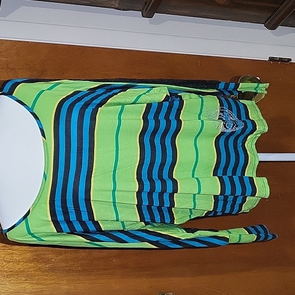 NWT Apple‎ Bottom Jeans Striped Green Blue Front Black Lace Back Top Womens XL